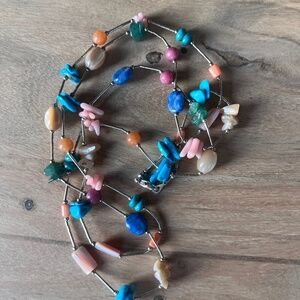 Vintage boho western silver and stone 36" necklace, stamped, 925 colorful